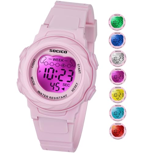 SOCICO Orologio digitale per bambini, resistente all'acqua 5ATM, orologio per illuminato a 7 colori con sveglia e cronometro per bambine e...