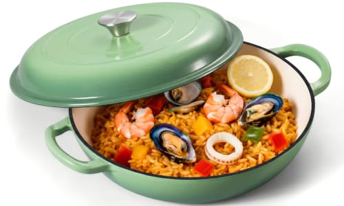 Leonyo 3.6QT Enameled Cast Iron Skillets Braiser with Lid, Pistachio Green