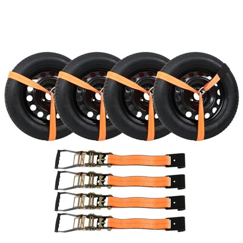 munirater Universal Automobile Orange Tie Down Kit with Flat Hooks Lasso Style 4 Pack Wheel Tie Down Straps 3,300 Pound Working Load 2 Inch x 96 Inch