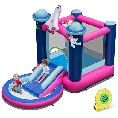 BOUNTECH Inflatable Bounce House, Bouncy Castle for Kids Party Fun w/Slide, Ball Pool, Space-Themed, Indoor Outdoor Small Bounce House with 480W Blower for Toddlers 1-3 Birthday
