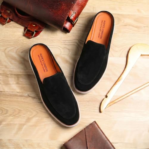 Image of HAYES LONDON Riviera Italian Suede Leather Backless Slip-On Mule Loafers for Men | Casual Summer Walk Half Shoes | Comfortable Open-Back Driving Loafers