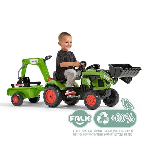 Falk Claas Kinder-Baggerlader mit beweglichem Baggerarm & Anhänger I Pedaltraktor Arion 410 Replik I mit Hupe I ab 2 Jahren I Outdoor Spielzeug für Jungen & Mädchen