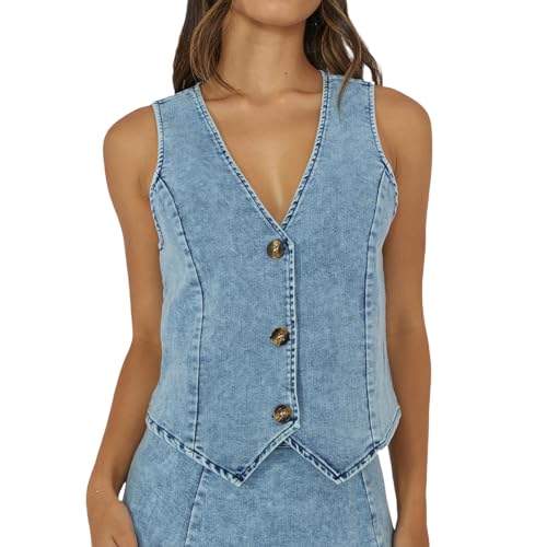 Womens Button up Denim Vest Summer Casual Sleeveless Deep V Neck Tank Tops Y2k Going Out Jean Vest