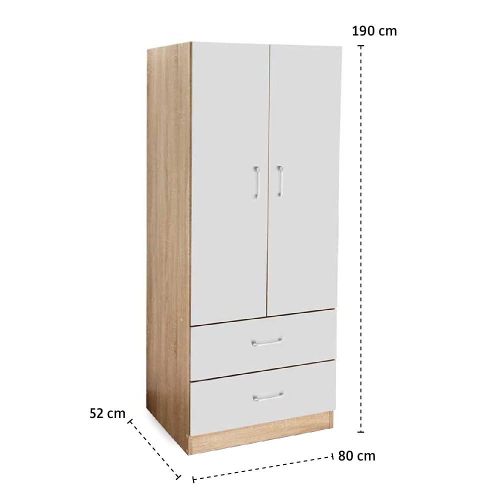 Armadio 2 Ante e 2 Cassetti - Struttura in Legno Truciolare, Guardaroba, Moderno, Asta Appendiabiti, con Maniglie, Spazioso, Organizzatore Vestiti - 80 x 52 x 190 cm (Bicolor)
