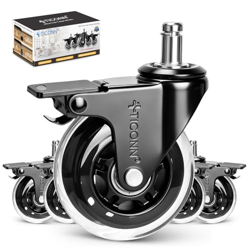 Image of TICONN Office Chair Caster Wheels Set of 5 for Tile, Hardwood Floors and Carpets, Universal Fit for Most Chairs (Transparent with Brake)