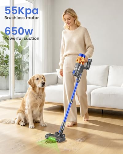 Image of Cordless Stick Vacuum Cleaner, 650W 55KPA Up to 70Min Runtime, Green Light Anti-Tangle Brush, 7-Stage HEPA Filtration, Lightweight for Pet Hair Carpet Hard Floors (Blue)