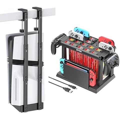 PS5 Under Desk Mount Vertical for PS5/PS5 Slim/PS5 Pro, Switch Games Organizer Station with Controller Charger Cover