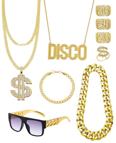 Bettinay 80s 90s Rapper Fake Gold Chain Set, Hip Hop Jewelry