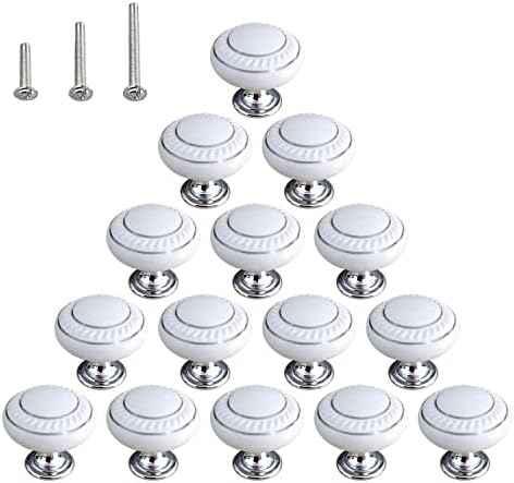 HUAMULAN 15 Pack Ceramic Knob Simple Dresser Kitchen Round Cabinet Pulls,Zinc Alloy Base Cupboard Wardrobe Drawer Door Handles,3 Size Screws