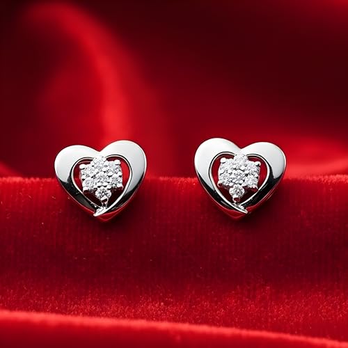 Image of Silver Heart Stud Earrings for Women - Elegant Floral Sparkle Design