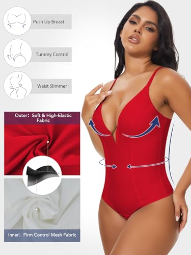 Image of SHAPERIN Bodysuit for Women Shapewear Tummy Control Deep V Neck Plunge Sleeveless Backless Thong Body Suit Tank Top