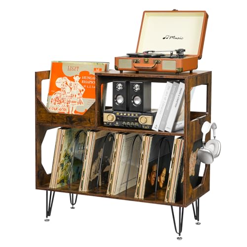 ikkle Plattenspieler-Ständer Vintage Plattenspieler Tisch, Plattenspieler Schallplattenständer mit Aufbewahrung, Holz Beistelltisch Vinyl Plattenspieler Stand mit Metallfüßen für Wohnzimmer