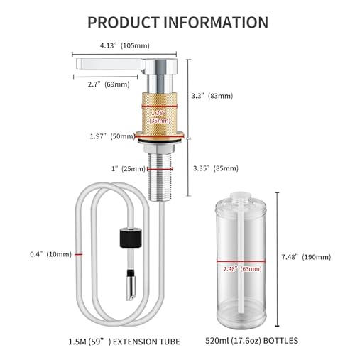 TYESTAND SD-80 All Brass Sink Soap Dispenser for Kitchen Sink Copper Pump Built in Dish Soap Dispenser with 17.6 oz(520ml) Bottle and 59"(1.5m) Extension Tube Kit (Chrome) by TYESTAND - Image 6