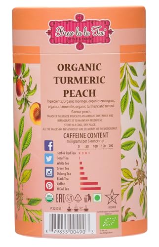 Brew La La Turmeric Peach Organic Herbal Tea-40 Tea Bag Canister-Caffeine Free - Thumbnail 2