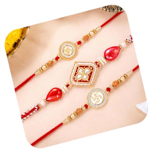 Image of Peora Rakhshabandhan Thread Rakhi for Brother Bhaiya | Crystals & Kundan Studded | Combo, Set of 3 | Rakhi Hamper with Roli Chawal & Greeting Card