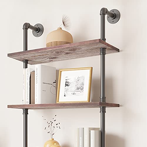 Yuanshikj Rustic 2-Tier (24X10X29 Inches) Industirial Pipe Wall-Mounted Shelf -Solid Pine Wood Planks And Iron Black Pipes For Living Room Decor And Storage Bookshelf #TOP6