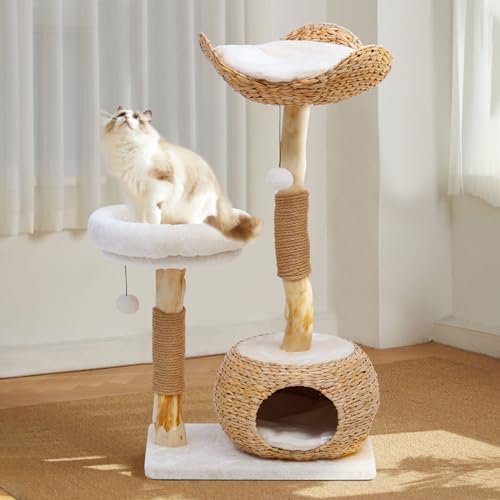 GLUTIA Wooden Cat Tree, Modern Cat Tree Tower with Jumping Platforms, Baskets, Cat Condo, 40