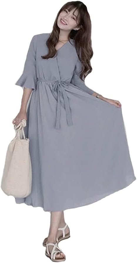 Amazon Co Jp ｘｉｎｙｉｊ Vネック ワンピース レディース 春夏秋 シフォン ワンピース 5分袖 ロングワンピース 可愛い Aライン ふんわり カジュアル 通勤 パーティー フェミニン 薄手 ファッション
