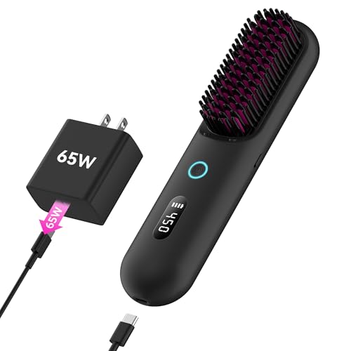 Cordless Hair Straightener Brush – Portable Ionic Hot Comb with 65W Fast Charger, Mini Travel Hair Straightening Brush for Women, Lightweight for Home Or On-The-Go Styling (Black)
