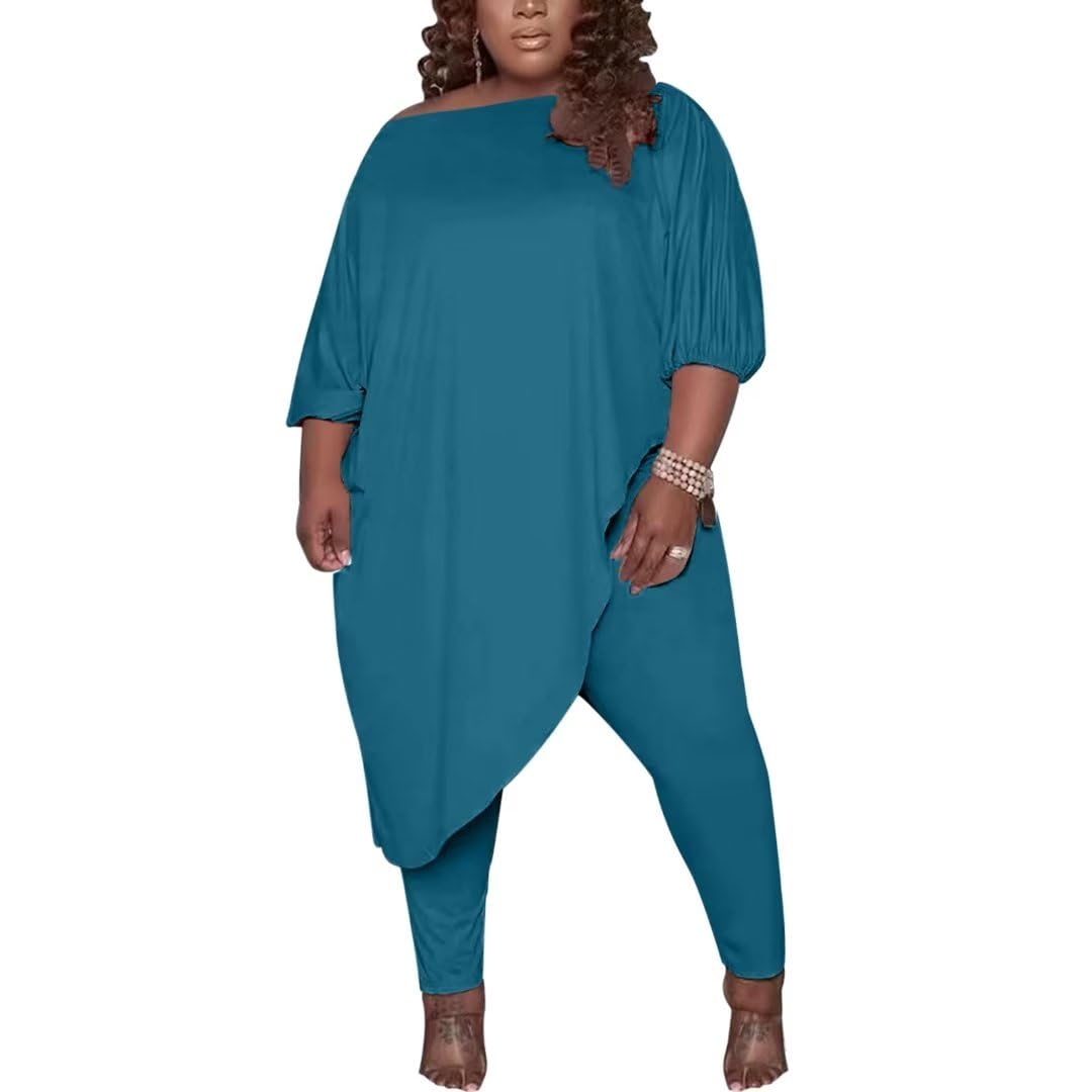 Huasemy Plus Size Outfits for Women Tracksuits Long Sleeve Slant Shoulder Asymmetrica Tops Bodycon Pants Sweatsuit Sets