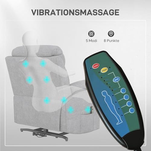 HOMCOM Relaxsessel Elektrisch Fernsehsessel mit Aufstehhilfe, 5 Massagemodi, Liegefunktion, Massagesessel mit Fußteil, Leinenoptik, Seitentasche und Fernbedienung, für Wohnzimmer, Grau – Bild 6
