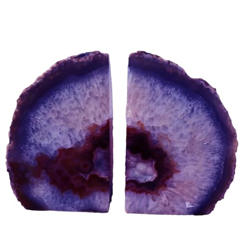 JIC Gem Purple Agate Bookends Geode Book Ends Heavy Duty Crystal Bookends Decorativer with Rubber Bumpers (1 Pair, 4-6 LBS)