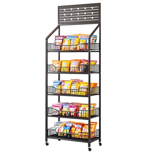 simdennr Espositore snack per vendita al dettaglio, scaffali vendita a 5 piani, carrello espositivo caramelle con ruote e ganci, organizer in metallo per dispensa