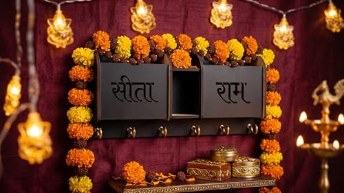 Image of Sita Ram Wooden Key Holder for Wall with 7 Anti-Rust Hooks | Multi-Functional Key Hanger & Mail Organizer | Entryway Storage Box for Letters, Mobile, Cards & Pens | Elegant Spiritual Home Decor
