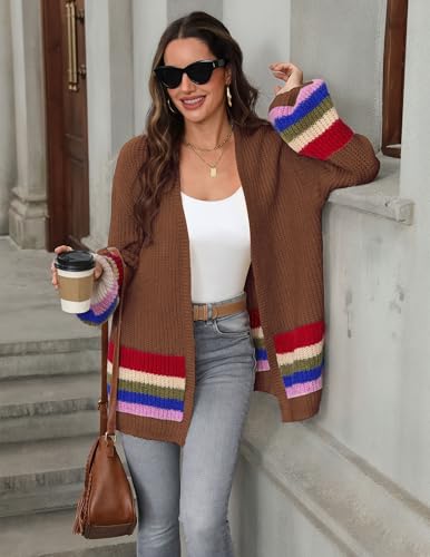 BB&KK Womens Long Cardigan Sweaters Striped Color Block 2025 Fall Long Lantern Sleeve Knit Open Front Sweater Outerwear3