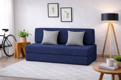 Image of Coirfit (4-in-1 Two Seater Sofa Cum Bed (1 Year Warranty) with 2 Free Cushions | Folding Sofa, Bed, Lounger, Diwan | Removable Washable Cover | Compact & Lightweight -Dark Blue 4x6 Feet
