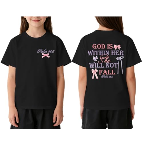 Image of Girls Christian Tees God is Within Her Jesus Shirt for Kids Faith Cute Graphic Bow Tshirt Inspirational Religious Top