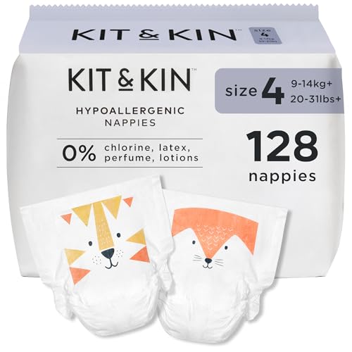 Kit & Kin Premium Baby Nappies Size 4 | 9-14 kgs / 20-31 lbs | Pack of 128 Nappies | Plant-Based Materials On Baby's Skin | Hypoallergenic | Superior up to 12 Hour Leak Protection
