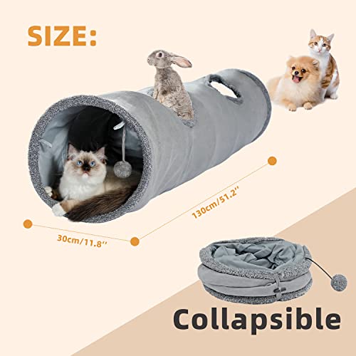 OHANA Collapsible Cat Tunnel Toy in suede, Large cat tunnels for indoor cats rabbits with 2 holes and suspended ball Dia30*130cm - 2