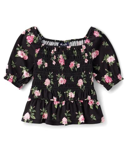 The Children's Place,Girls,Long Sleeve Smocked Peplum Top,Black Floral,Small