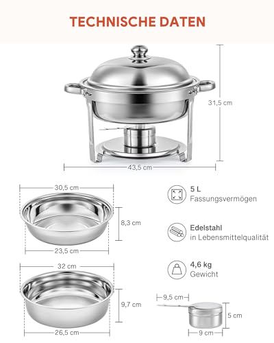 Wilprep 2er Set Rund Chafing Dish Set 5L Speisenwärmer Edelstahl Buffet Wärmebehälter Suppenwärmer Bain Marie Speisen Warmhaltebehälter für Restaurants, Buffets, Schulen