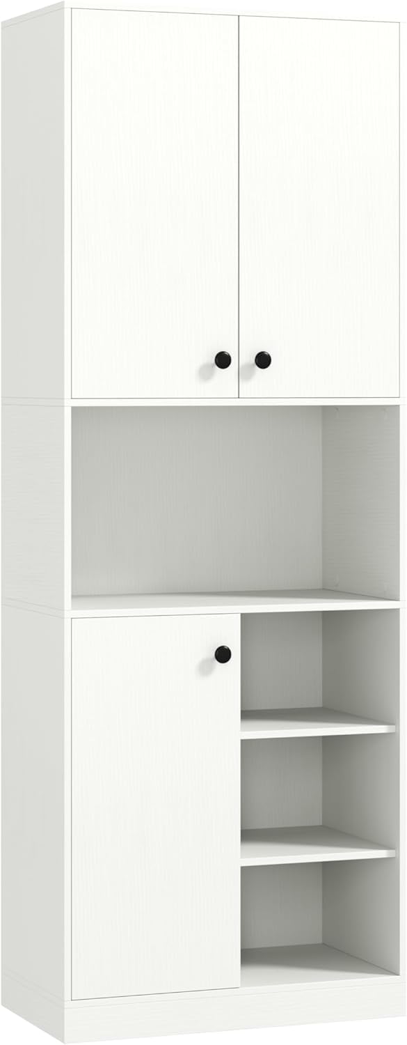 GOPLUS Küchenschrank hoch, Hochschrank mit 3 Türen & 2 Schränken & offenen Ablagen, Geschirrschrank Vorratsschrank Buffetschrank Aufbewahrungsschrank für Küche & Wohnzimmer (Weiß)