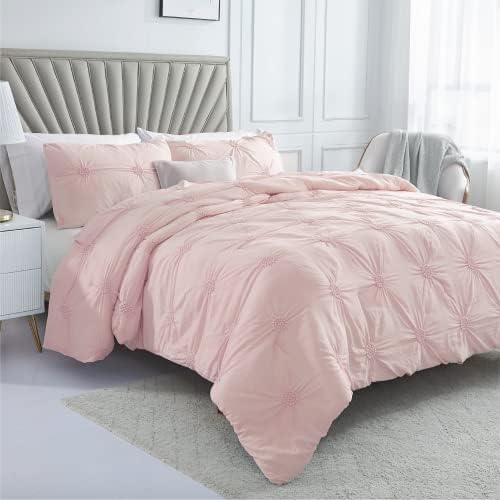Swift Home Full Queen Rose Blush 3-Piece Down Alternative Comforter Set Bedding Ruched 3D Floral Pintuck All-Season, Machine Washable