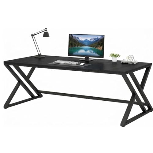 Image of Modern Industrial Computer Desk | Extra Long, Home Office Study Writing Table | Wooden Workstation with Metal Frame | Executive Gaming Desk | Black | 160x80x75 cm