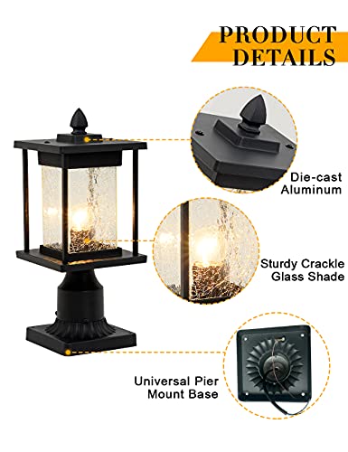 Vocldfa Outdoor Post Lights, Waterproof Post Lamp Outdoor Hard-Wired, Outdoor Pier Lantern With Crackle Glass, Aluminum Exterior Post Lantern, Pole Lanterns Outdoor With 3-Inch Pier Mount Adapter #TOP1