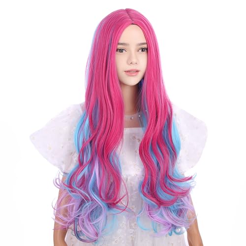 Image of Multi-color Wig for Children Long Rainbow Middle Part Wig for Girls Kids Long Blue Pink Wavy Curly Wig Colorful Wig Heat Resistant Synthetic Wig with Wig Cap