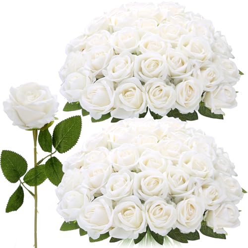 MERIXMAS Roses Artificial Flowers, Fake Velvet Silk Roses in Bulk for Home Decor Indoor, Fake Roses Realistic Flowers with Stems for Wedding Centerpiece Party Decor (48, White)