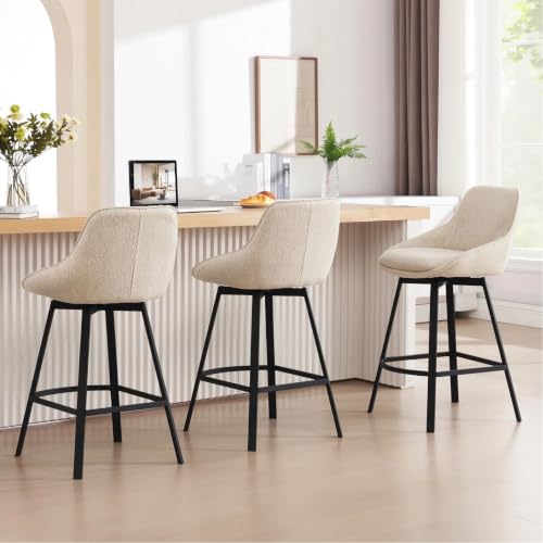 Image of Zesthouse Swivel Bar Stools Set of 3, Modern Counter Height Barstools with Backs, 26'' Upholstered Linen Fabric High Chairs for Island Kitchen, Counter Height Chairs with Metal Legs, Beige