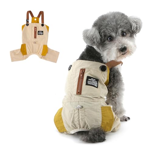 Ranphy Salopette pour chien avec poche à fermeture éclair, pantalon porte-jarretelles avec bouton pression, combinaison printemps-été pour chiots de petite taille, chihuahua, yorkshire, beige, taille