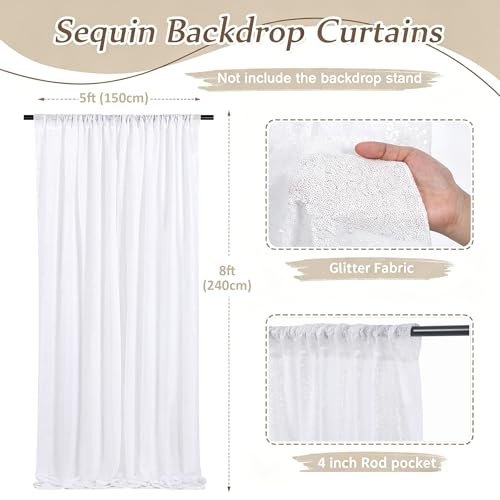 Image of White Sequin Backdrop Curtains-1 Panel 5FTx8FT White Backdrop for Wedding, Glitter Party Decorations Background Drapes for Birthday Party Anniversary Graduation Photo Booth Decor