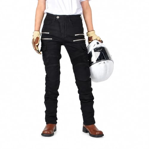 VOLERO Motorradhose Damen Jeans, Stretch Motorrad Jeans Damen, Cargo Biker Hose Frauen, Vorgeformter Schnitt, Mehrere Taschen, Urban Motorradbekleidung Damen 4 Jahreszeiten (Schwarz,L)