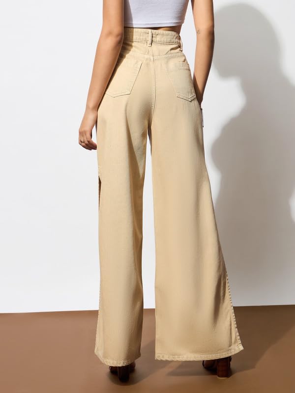 Image of Beige Side Slit Wide Leg Jeans