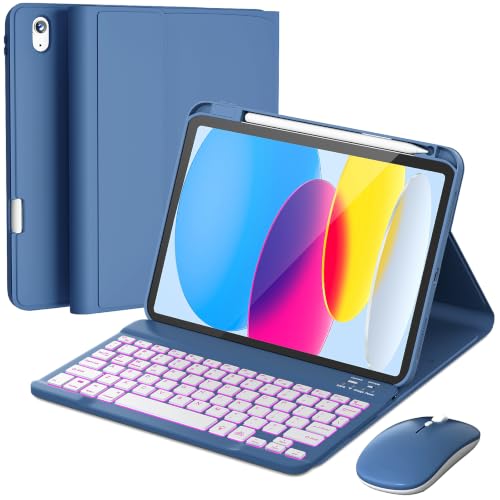 Image of RAYMCRAFT for iPad 11th (A16, 2025) / 10th Generation Case with Keyboard, Mouse and Detachable Wireless Keyboard, 7-Color Backlight, Slim Case with Pencil Holder, Steel Blue