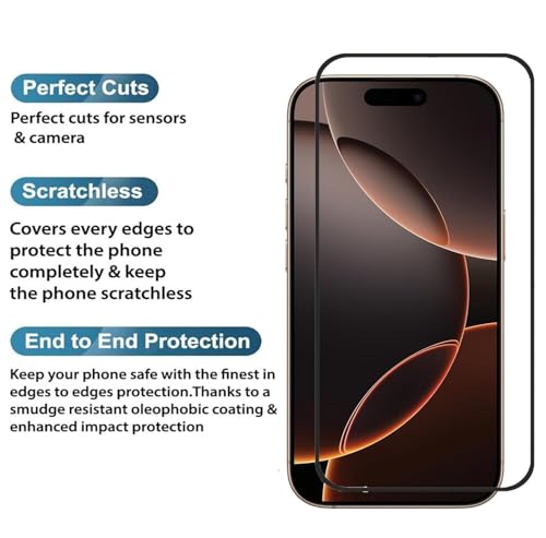 Image of DD SON Tempered Glass Screen Protector Compatible for iPhone 16 Pro Smartphone (6.3 Inches) HD Glass with Edge to Edge Coverage and Easy Installation kit,Black
