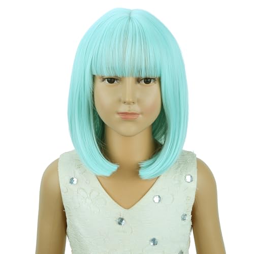 Image of PATTNIUM Mint Green Bob Wig for Kids Girls Short Light Green Straight Wig with Bangs Cosplay Party Synthetic Rose Net Daily Wear Wig