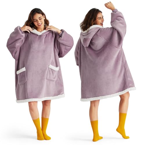Bedsure Blanket Hoodie, Wearable Blanket Hoodie as Gifts for Mom, Birthday Gifts for Women Kids Teens Sherpa Sweatshirt, Lavender, Standard